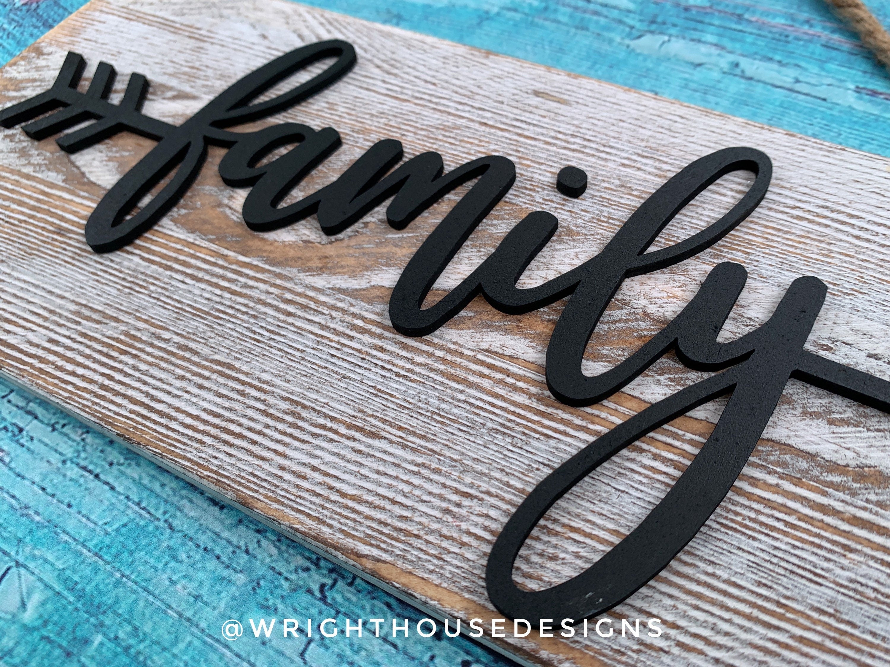 Family Arrow Word Art - Rustic Farmhouse - Whitewash Reclaimed Wood Plank Board Sign - Wooden Wall Art - Home Decor and She Shed Signs