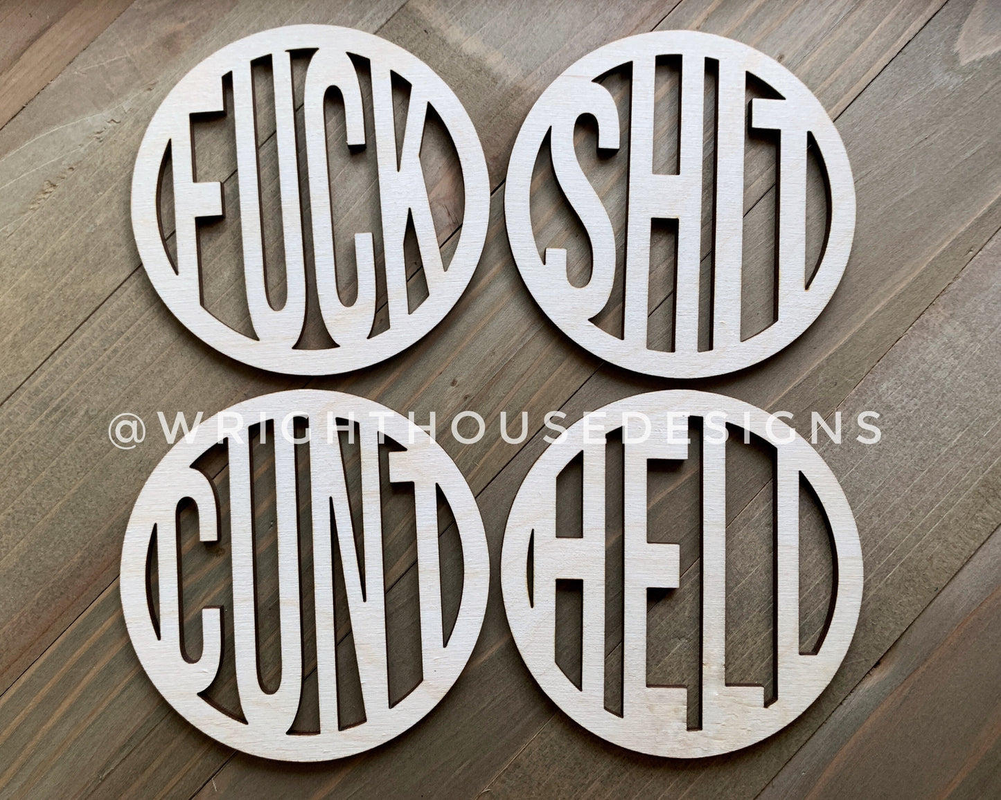 NSFW Wooden Coasters - Famous 4 Four Letter Curse Words - Coffee Table Accessories - Funny Gag Gifts