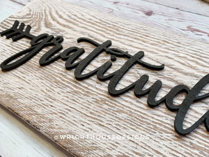 Gratitude Arrow Word Art - Rustic Farmhouse - Whitewash Reclaimed Wood Plank Board Sign - Wooden Wall Art - Home Decor and She Shed Signs