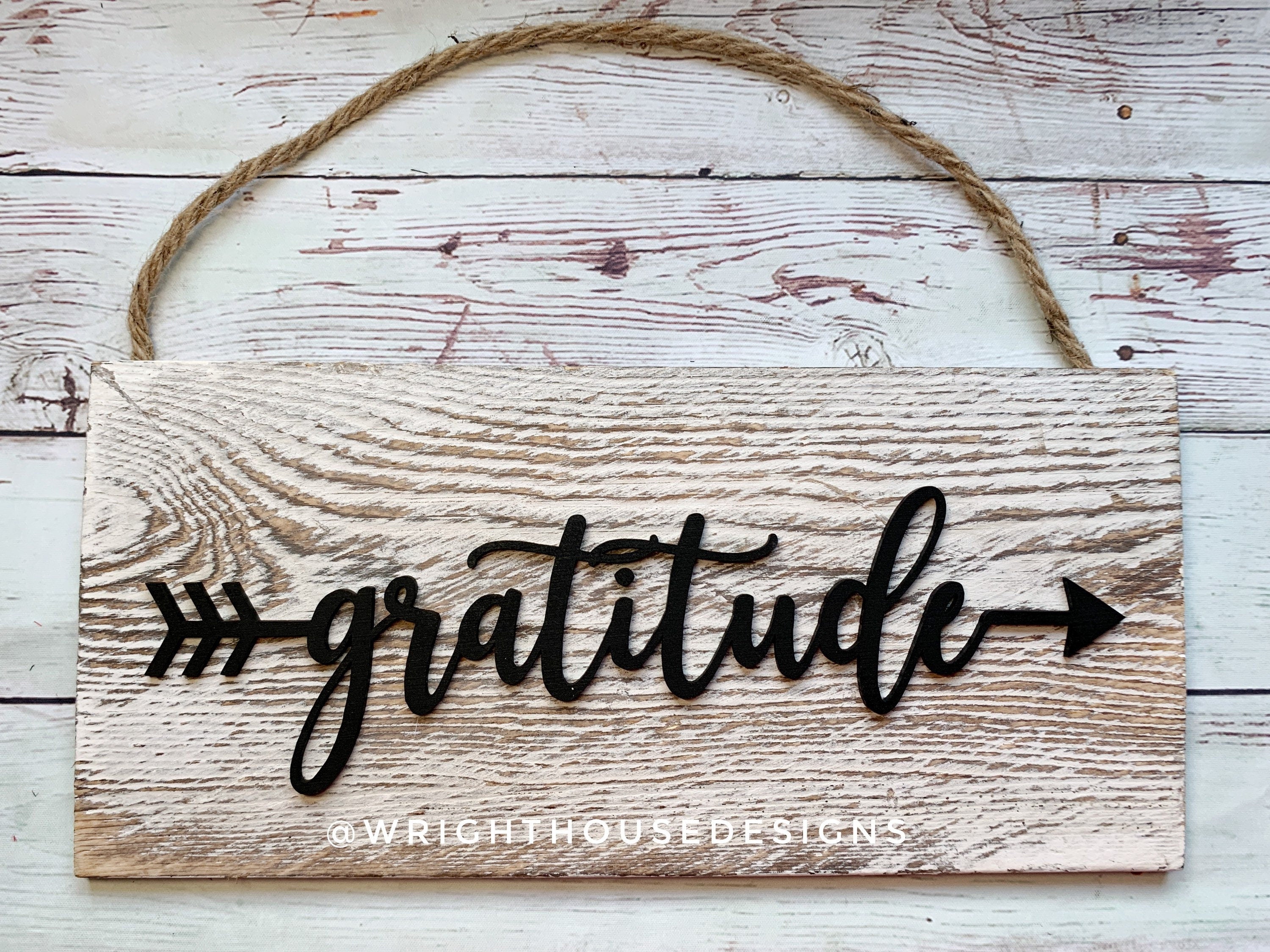 Gratitude Arrow Word Art - Rustic Farmhouse - Whitewash Reclaimed Wood Plank Board Sign - Wooden Wall Art - Home Decor and She Shed Signs