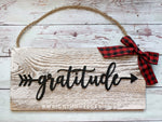 Load image into Gallery viewer, Gratitude Arrow Word Art - Rustic Farmhouse - Whitewash Reclaimed Wood Plank Board Sign - Wooden Wall Art - Home Decor and She Shed Signs
