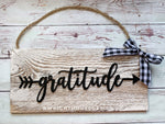 Load image into Gallery viewer, Gratitude Arrow Word Art - Rustic Farmhouse - Whitewash Reclaimed Wood Plank Board Sign - Wooden Wall Art - Home Decor and She Shed Signs
