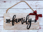 Load image into Gallery viewer, Family Arrow Word Art - Rustic Farmhouse - Whitewash Reclaimed Wood Plank Board Sign - Wooden Wall Art - Home Decor and She Shed Signs
