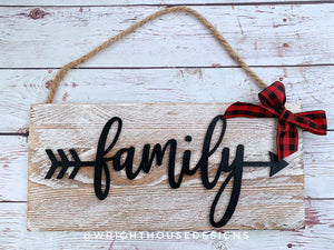 Family Arrow Word Art - Rustic Farmhouse - Whitewash Reclaimed Wood Plank Board Sign - Wooden Wall Art - Home Decor and She Shed Signs