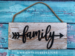 Family Arrow Word Art - Rustic Farmhouse - Whitewash Reclaimed Wood Plank Board Sign - Wooden Wall Art - Home Decor and She Shed Signs