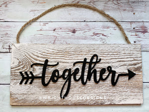 Together Arrow Word Art - Rustic Farmhouse - Whitewash Reclaimed Wood Plank Board Sign - Wooden Wall Art - Home Decor and She Shed Signs