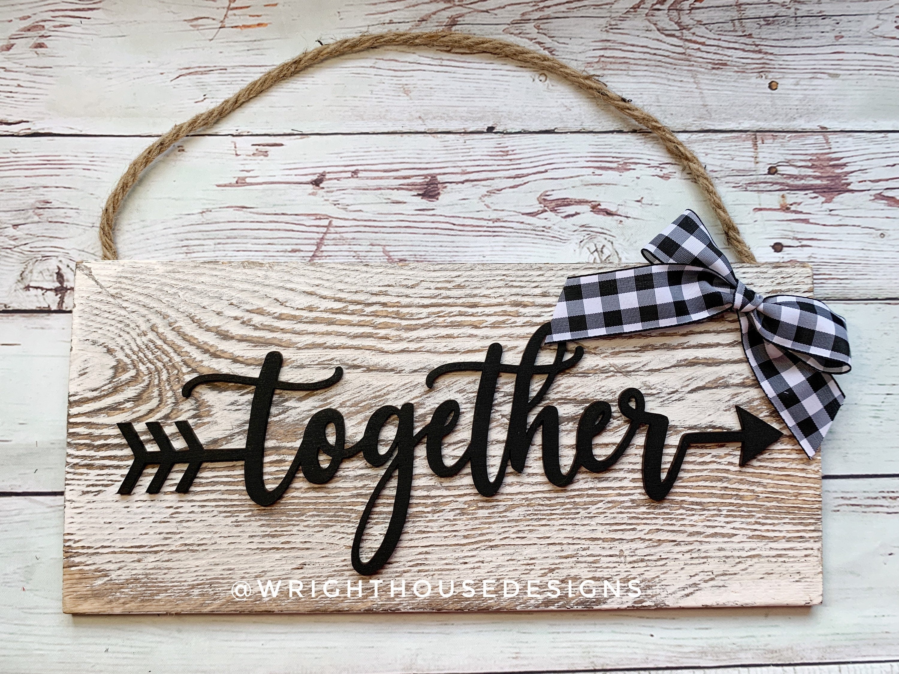 Together Arrow Word Art - Rustic Farmhouse - Whitewash Reclaimed Wood Plank Board Sign - Wooden Wall Art - Home Decor and She Shed Signs