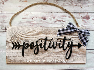 Positivity Arrow Word Art - Rustic Farmhouse - Whitewash Reclaimed Wood Plank Board Sign - Wooden Wall Art - Home Decor and She Shed Signs