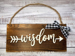 Load image into Gallery viewer, Wisdom Arrow Word Art - Rustic Farmhouse - Reclaimed Pallet Plank Board Sign - Wooden Wall Art - Bookshelf Decor and She Shed Signs

