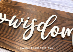 Wisdom Arrow Word Art - Rustic Farmhouse - Reclaimed Pallet Plank Board Sign - Wooden Wall Art - Bookshelf Decor and She Shed Signs