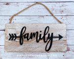 Load image into Gallery viewer, Family Arrow Word Art - Rustic Farmhouse - Whitewash Reclaimed Wood Plank Board Sign - Wooden Wall Art - Home Decor and She Shed Signs
