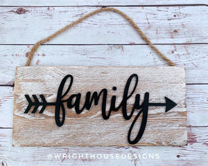 Family Arrow Word Art - Rustic Farmhouse - Whitewash Reclaimed Wood Plank Board Sign - Wooden Wall Art - Home Decor and She Shed Signs