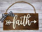 Load image into Gallery viewer, Faith Arrow Word Art - Rustic Farmhouse - Reclaimed Pallet Plank Board Sign - Wooden Wall Art - Bookshelf Decor and She Shed Signs
