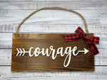Load image into Gallery viewer, Courage Arrow Word Art - Rustic Farmhouse - Reclaimed Pallet Plank Board Sign - Wooden Wall Art - Bookshelf Decor and She Shed Signs
