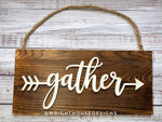 Load image into Gallery viewer, Gather Arrow Word Art - Rustic Farmhouse - Reclaimed Pallet Plank Board Sign - Wooden Wall Art - Bookshelf Decor and She Shed Signs
