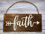 Load image into Gallery viewer, Faith Arrow Word Art - Rustic Farmhouse - Reclaimed Pallet Plank Board Sign - Wooden Wall Art - Bookshelf Decor and She Shed Signs
