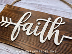 Load image into Gallery viewer, Faith Arrow Word Art - Rustic Farmhouse - Reclaimed Pallet Plank Board Sign - Wooden Wall Art - Bookshelf Decor and She Shed Signs
