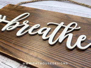 Breathe Arrow Word Art - Rustic Farmhouse - Reclaimed Pallet Plank Board Sign - Wooden Wall Art - Bookshelf Decor and She Shed Signs