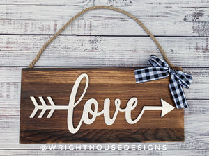 Love Arrow Word Art - Rustic Farmhouse - Reclaimed Pallet Plank Board Sign - Wooden Wall Art - Bookshelf Decor and She Shed Signs