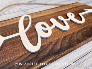Love Arrow Word Art - Rustic Farmhouse - Reclaimed Pallet Plank Board Sign - Wooden Wall Art - Bookshelf Decor and She Shed Signs
