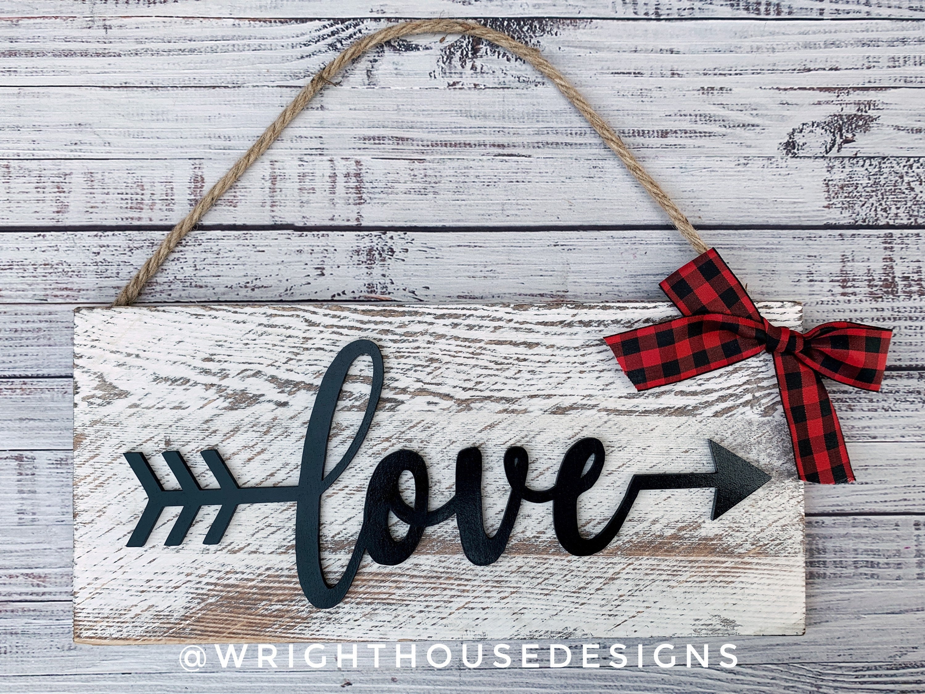 Love Arrow Word Art - Rustic Farmhouse - Whitewash Reclaimed Wood Plank Board Sign - Wooden Wall Art - Home Decor and She Shed Signs