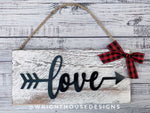 Load image into Gallery viewer, Love Arrow Word Art - Rustic Farmhouse - Whitewash Reclaimed Wood Plank Board Sign - Wooden Wall Art - Home Decor and She Shed Signs
