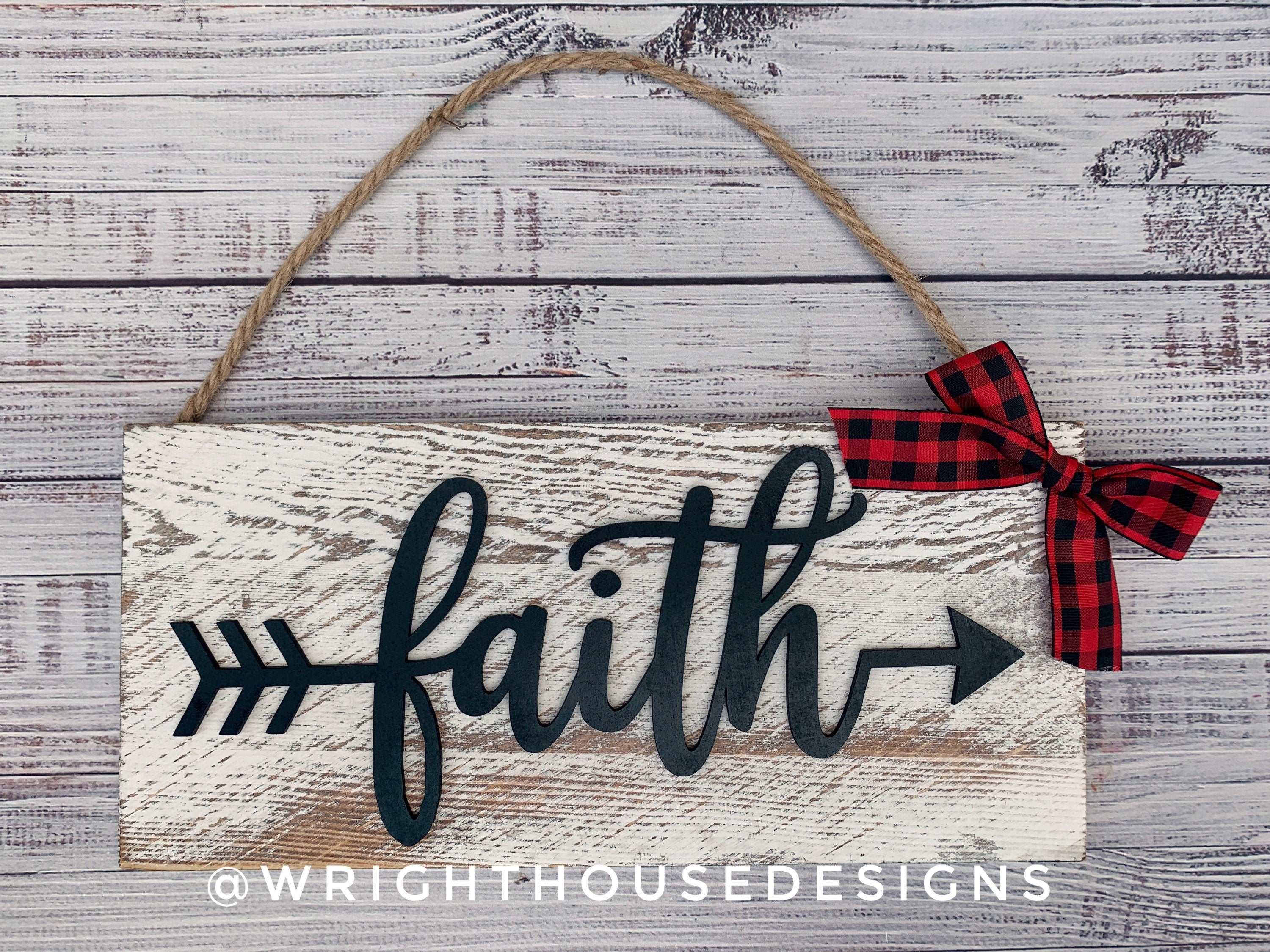 Faith Arrow Word Art - Rustic Farmhouse - Whitewash Reclaimed Wood Plank Board Sign - Wooden Wall Art - Home Decor and She Shed Signs
