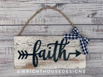 Load image into Gallery viewer, Faith Arrow Word Art - Rustic Farmhouse - Whitewash Reclaimed Wood Plank Board Sign - Wooden Wall Art - Home Decor and She Shed Signs
