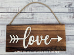 Load image into Gallery viewer, Love Arrow Word Art - Rustic Farmhouse - Reclaimed Pallet Plank Board Sign - Wooden Wall Art - Bookshelf Decor and She Shed Signs
