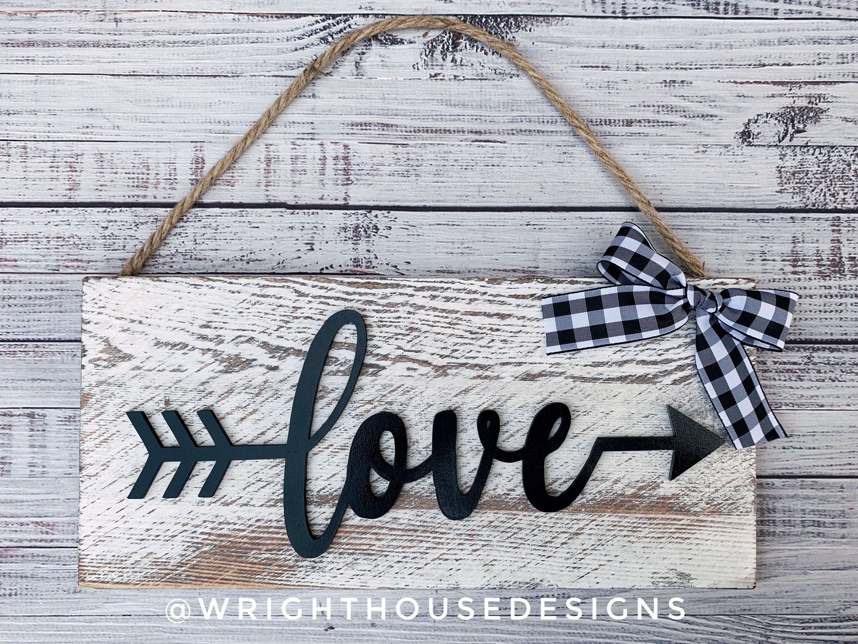 Love Arrow Word Art - Rustic Farmhouse - Whitewash Reclaimed Wood Plank Board Sign - Wooden Wall Art - Home Decor and She Shed Signs