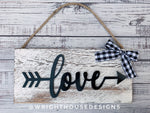 Load image into Gallery viewer, Love Arrow Word Art - Rustic Farmhouse - Whitewash Reclaimed Wood Plank Board Sign - Wooden Wall Art - Home Decor and She Shed Signs
