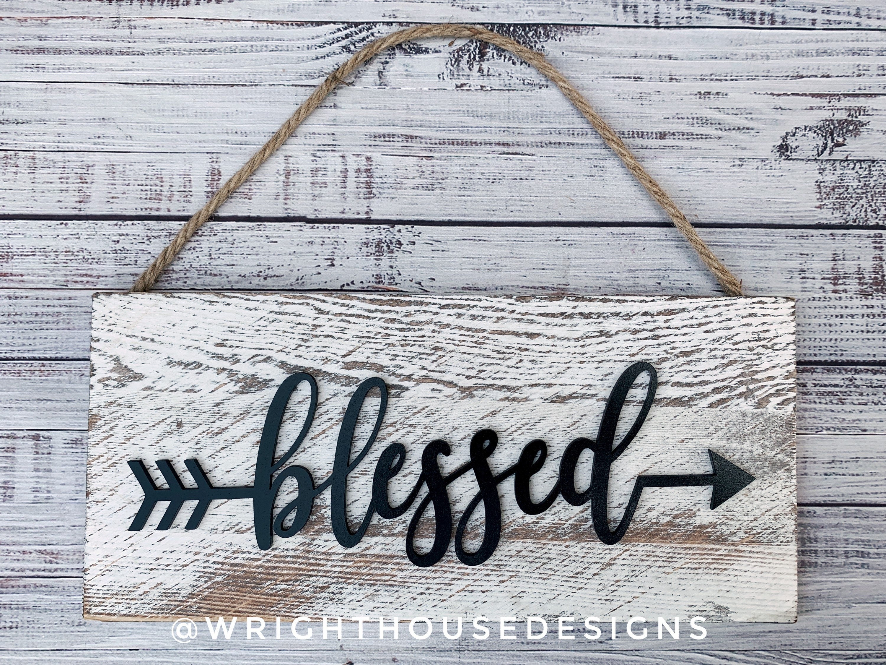 Blessed Arrow Word Art - Rustic Farmhouse - Whitewash Reclaimed Wood Plank Board Sign - Wooden Wall Art - Home Decor and She Shed Signs