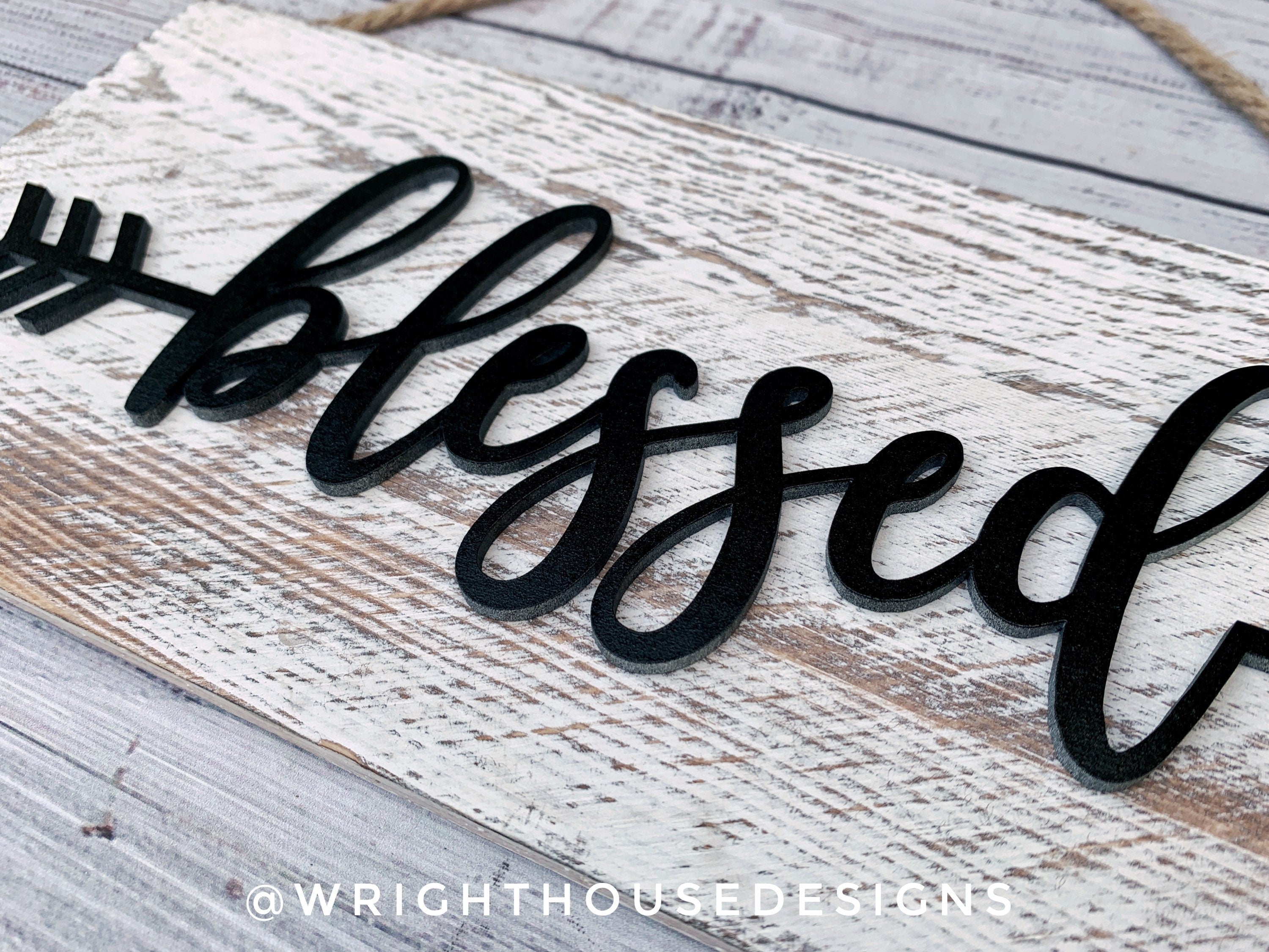 Blessed Arrow Word Art - Rustic Farmhouse - Whitewash Reclaimed Wood Plank Board Sign - Wooden Wall Art - Home Decor and She Shed Signs