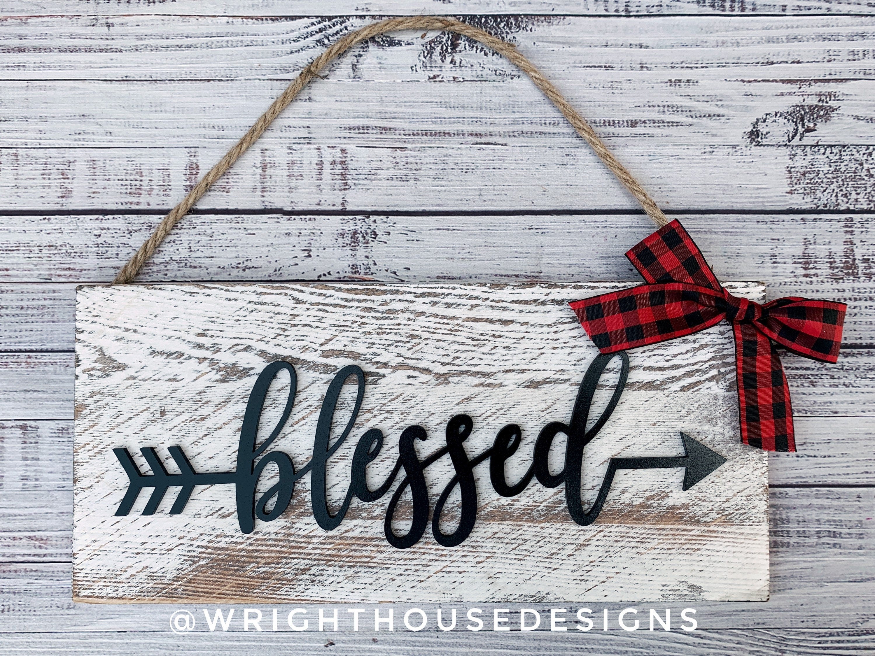 Blessed Arrow Word Art - Rustic Farmhouse - Whitewash Reclaimed Wood Plank Board Sign - Wooden Wall Art - Home Decor and She Shed Signs