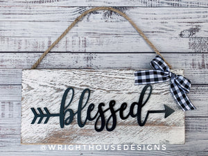 Blessed Arrow Word Art - Rustic Farmhouse - Whitewash Reclaimed Wood Plank Board Sign - Wooden Wall Art - Home Decor and She Shed Signs