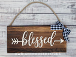 Load image into Gallery viewer, Blessed Arrow Word Art - Rustic Farmhouse - Reclaimed Pallet Plank Board Sign - Wooden Wall Art - Bookshelf Decor and She Shed Signs
