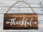Load image into Gallery viewer, Thankful Arrow Word Art - Rustic Farmhouse - Reclaimed Pallet Plank Board Sign - Wooden Wall Art - Bookshelf Decor and She Shed Signs
