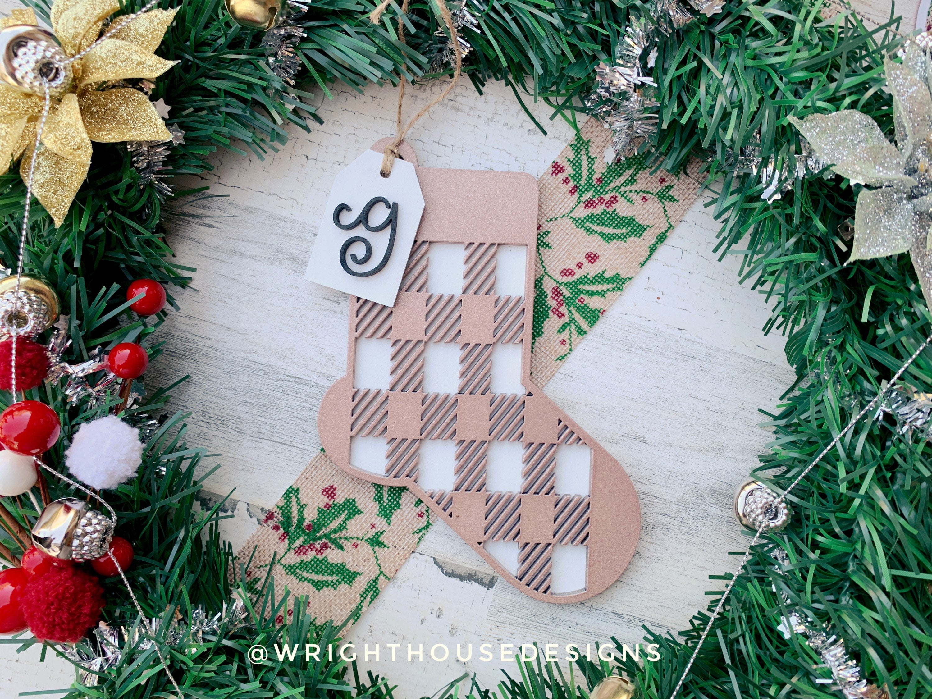 Buffalo Plaid Monogram Stocking - Personalized Christmas Tree Ornament