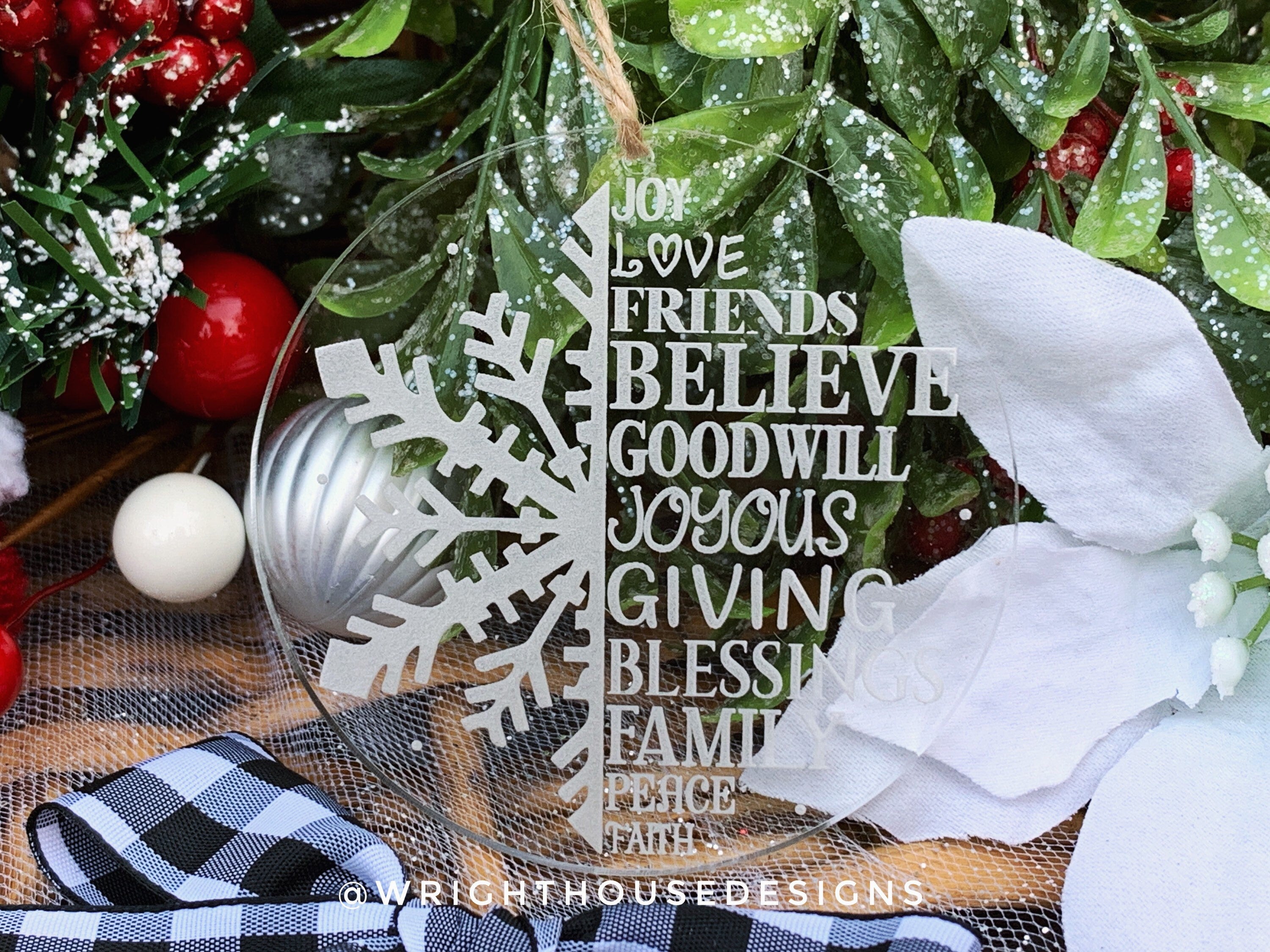 Snowflake - Joy Love Friends Believe - Laser Engraved Acrylic Christmas Tree Ornament