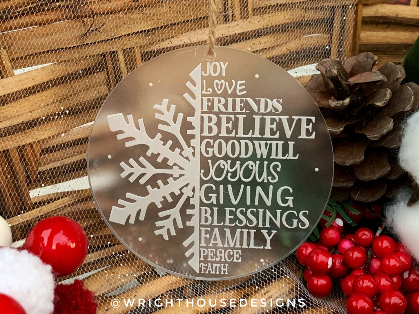 Snow Globe Snowflake - Joy Love Friends Believe - Laser Engraved Frosted Acrylic Christmas Tree Ornament