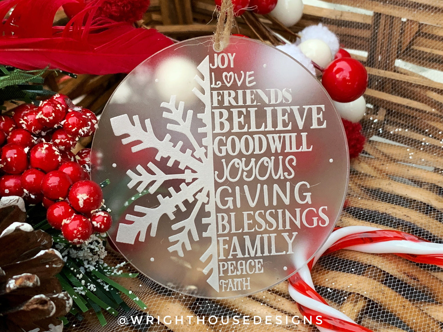 Snow Globe Snowflake - Joy Love Friends Believe - Laser Engraved Frosted Acrylic Christmas Tree Ornament