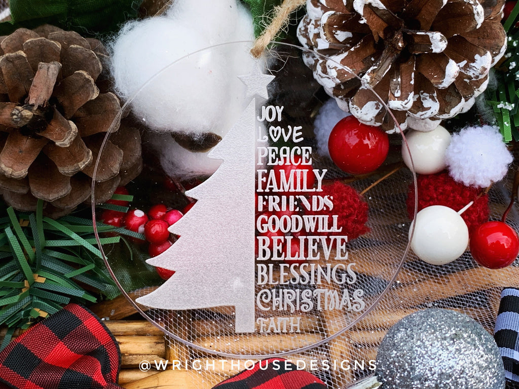 Christmas Tree - Joy Love Peace Family Friends - Laser Engraved Acrylic Christmas Tree Ornament
