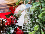 Load image into Gallery viewer, Snow Globe Snowflake and Snowy Christmas Tree Set- Joy Love Peace Family Friends - Laser Engraved Frosted Acrylic Christmas Tree Ornament
