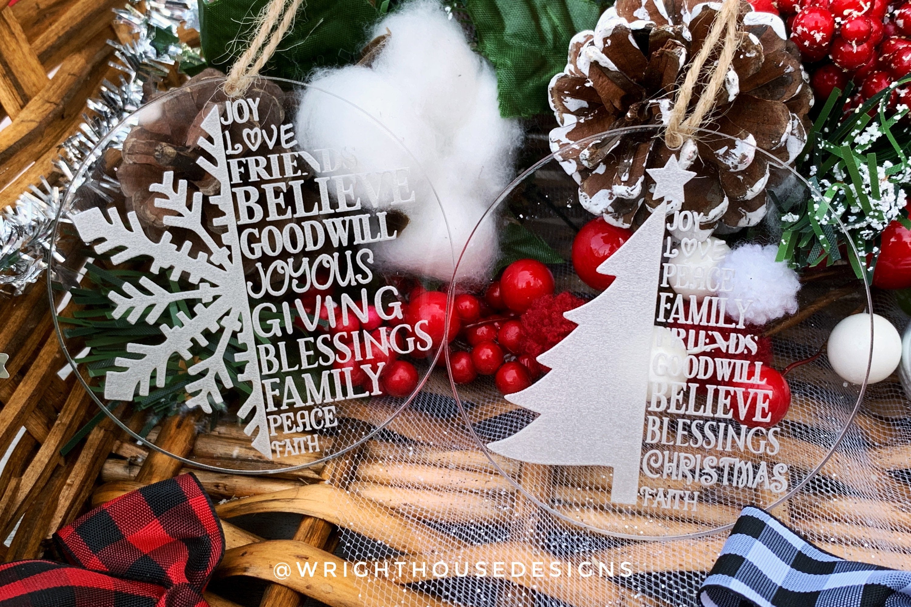 Snowflake and Christmas Tree Set - Joy Love Friends Believe - Laser Engraved Acrylic Christmas Tree Ornaments