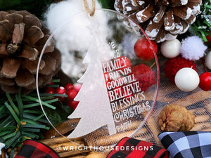 Snowflake and Christmas Tree Set - Joy Love Friends Believe - Laser Engraved Acrylic Christmas Tree Ornaments