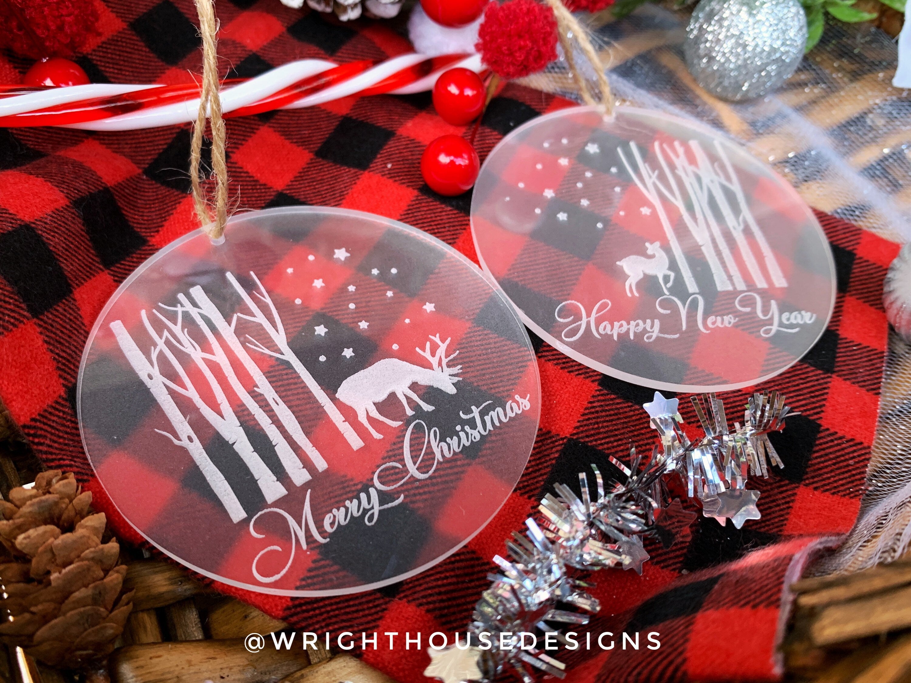 Reindeer Winter Night Sky Wooded Scene - Merry Christmas - Happy New Year - Laser Engraved Frosted Acrylic Christmas Tree Ornament Set