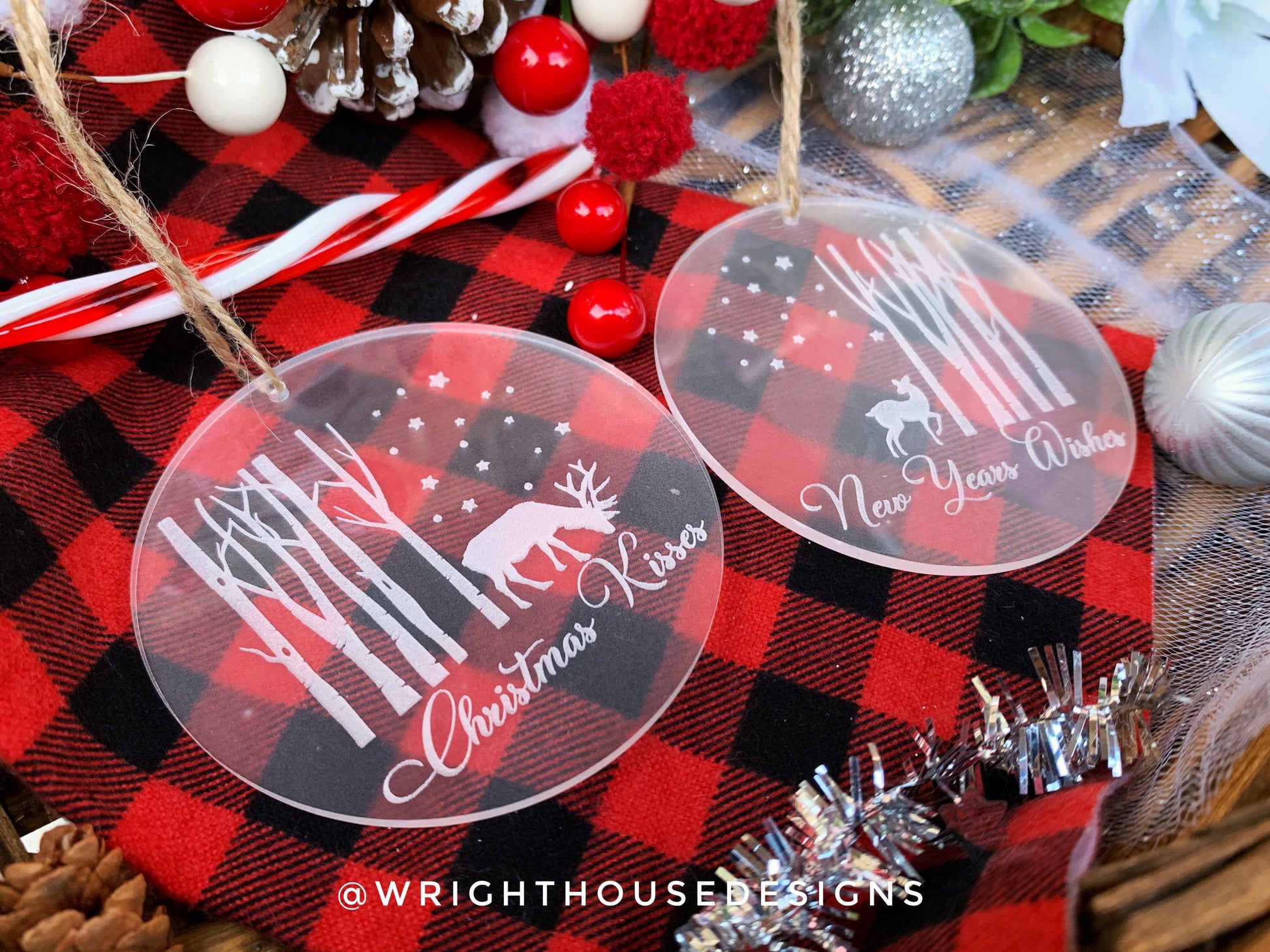 Reindeer Winter Night Sky Wooded Scene - Christmas Kisses - New Years Wishes - Laser Engraved Frosted Acrylic Christmas Tree Ornament Set