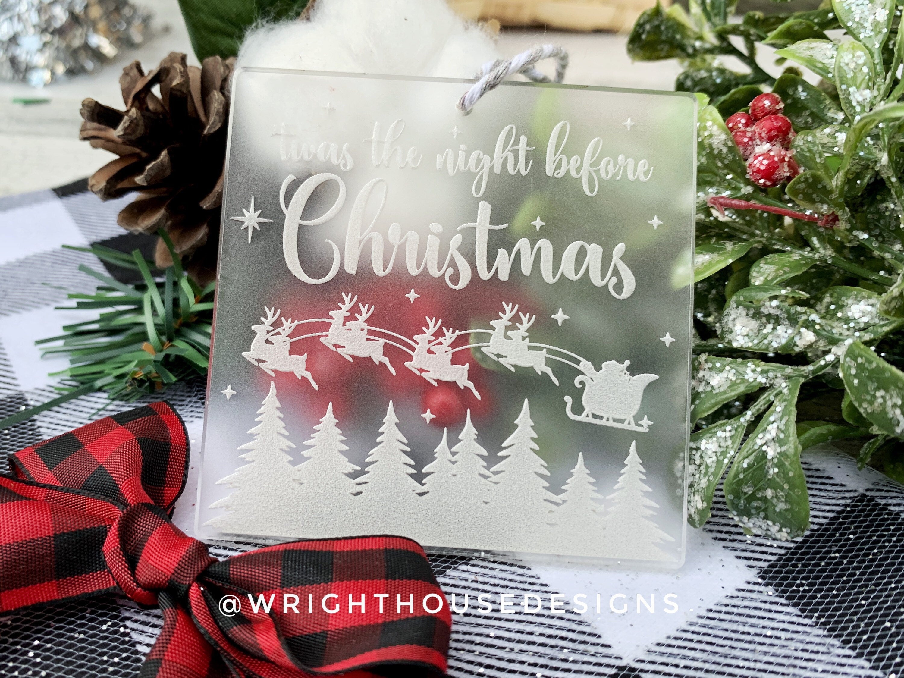 Twas The Night Before Christmas - Santa's Sleigh Scene - Laser Engraved Frosted Acrylic - Christmas Tree Ornament