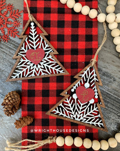 Snowflake Pine Tree - Personalized Monogram - Rustic Farmhouse - Laser Engraved - Custom Wooden Christmas Ornaments and Stocking Tags