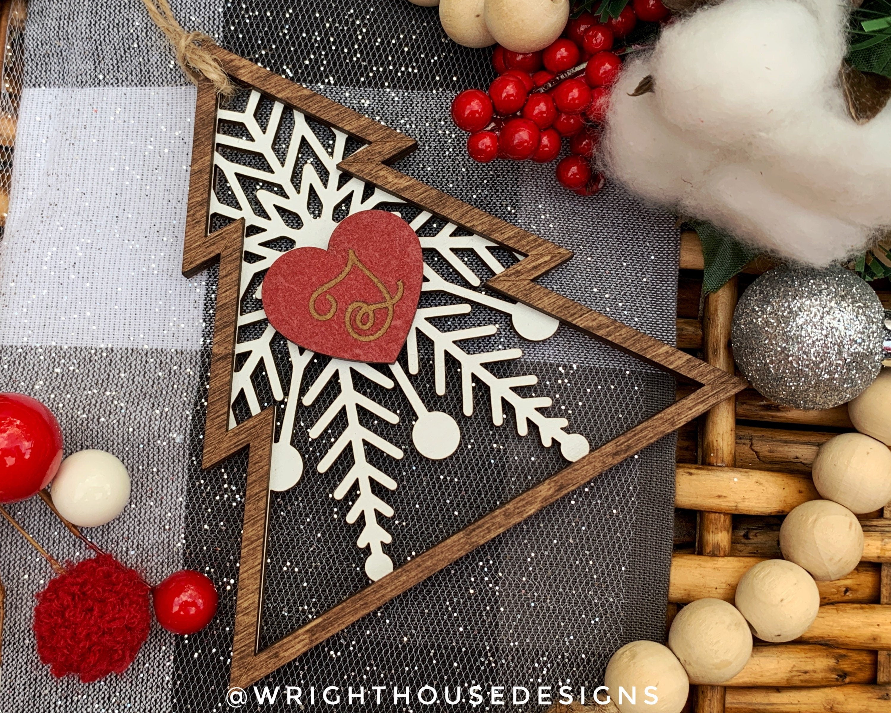 Snowflake Pine Tree - Personalized Monogram - Rustic Farmhouse - Laser Engraved - Custom Wooden Christmas Ornaments and Stocking Tags